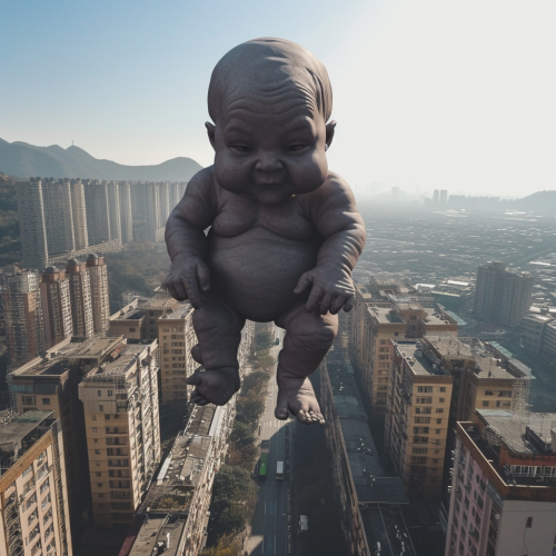 baby stomping city stock photo