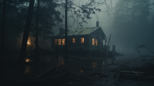 Creepy cabin in the woods by the lake