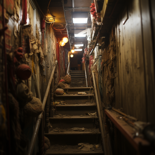 Creepy clown at basement stairs