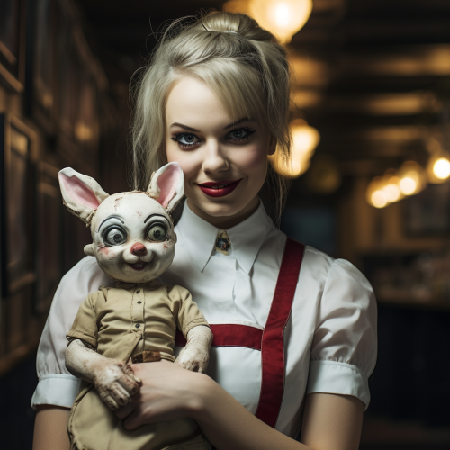 Creepy doll-like waitress with bunny mask