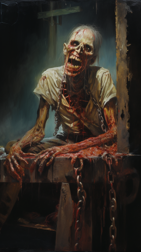 Zombie eating meat at cemetery