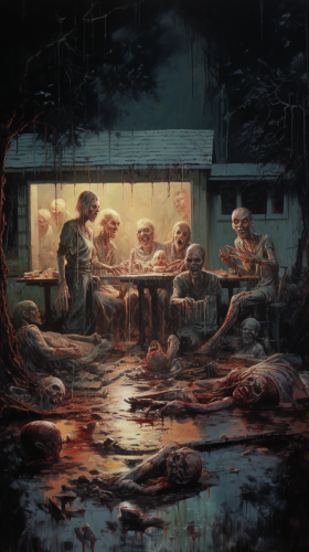 Creepy Zombies Eating Meat in Cemetery at Night Creepy Zombies Eating Meat in Cemetery at Night