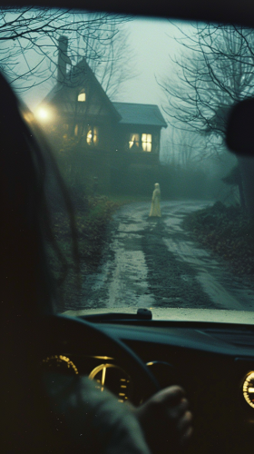 Ghostly figure in car headlights at creepy house