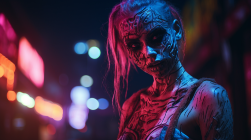 Creepy woman with neon lights skin at night