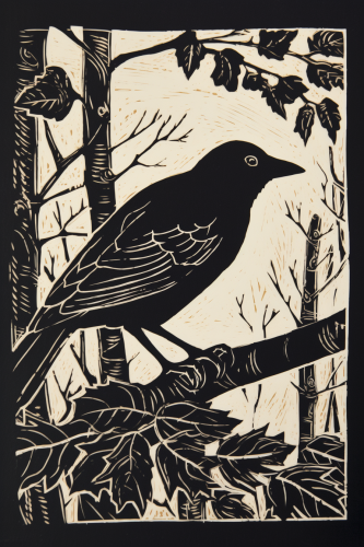 Black and white linocut print of a crow and stag beetle. Black and white linocut print of a crow and stag beetle.