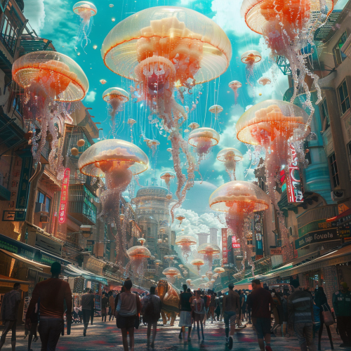 Colorful jellyfish above alien street Colorful jellyfish above alien street