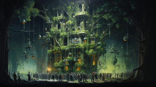 Crowded Arborium with Well-Dressed Cyborg Visitors Crowded Arborium with Well-Dressed Cyborg Visitors