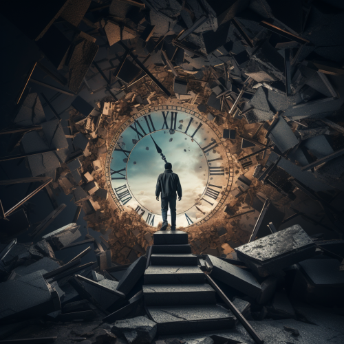 Person climbing crumbling staircase towards clock