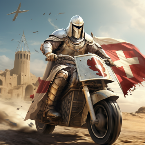 Crusader soldier on scooter with big flag