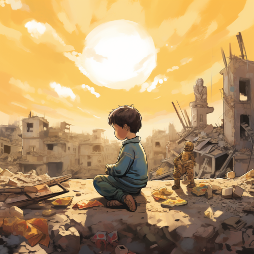 Sad Palestinian Boy Praying in Ruins