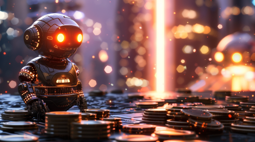 Crypto coins robot on bright background