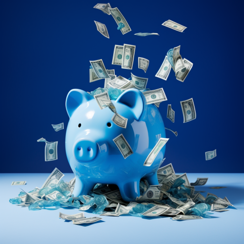 Crystal blue piggy bank with money falling out