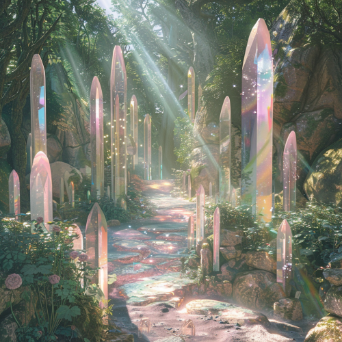 Towering crystal formations with rainbows