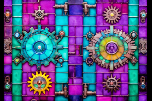 Intricate crystalline gear with neon shadow