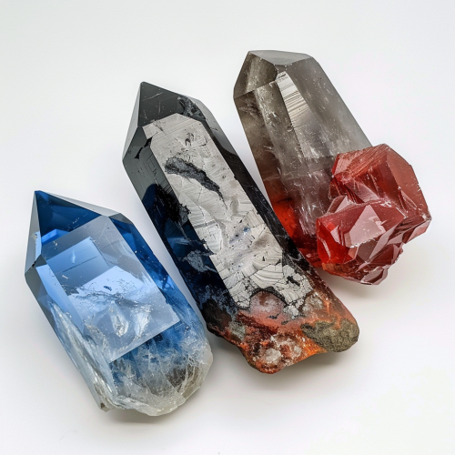 Three colorful crystals on white background