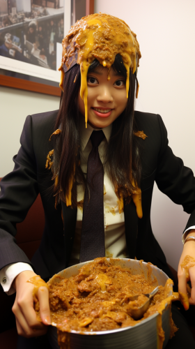 Japanese woman with curry sauce on head