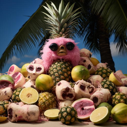 Cursed Skin Pile with Eyes, Pig, Pineapple, Flies, Palm Tree