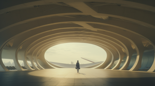 Pedestrians walking under curved archway