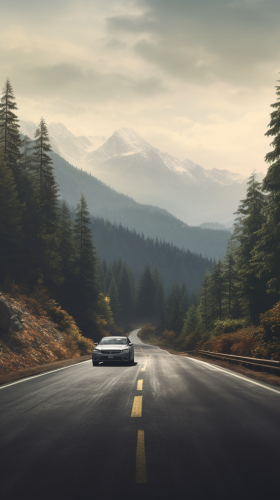 Scenic road in forest with mountains
