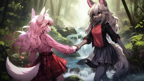 Anthro wolf and bunny in forest