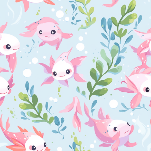 Cute axolotls swimming in Niji tile pattern