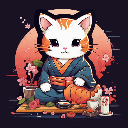 Cartoon cat eating sushi kimono
