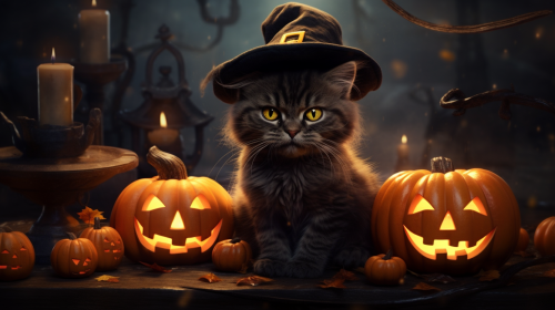 Adorable cat surrounded by pumpkins