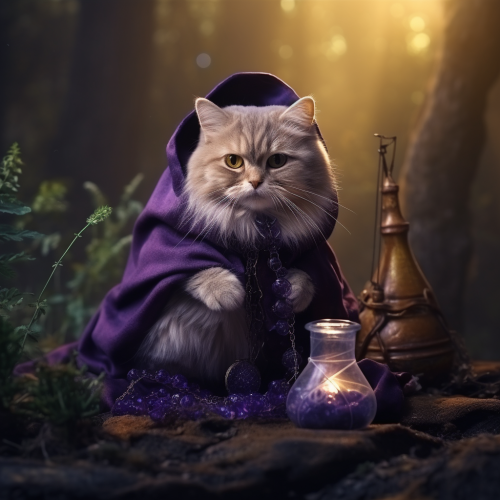 Cute cat in wizard costume creating purple potion Cute cat in wizard costume creating purple potion