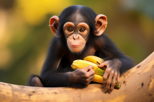Cute chimpanzee enjoying a banana in a tree