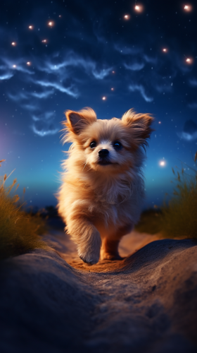 Cute dog running in vibrant night sky Cute dog running in vibrant night sky