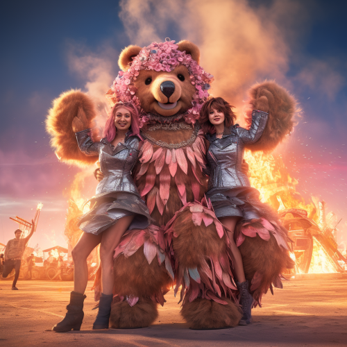 Colorful furries dancing by burning bear sculpture