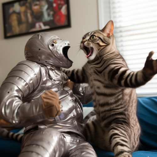 Grey tabby cat fighting with young adult