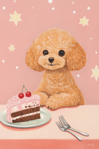 Cute Kawaii Toy Poodle Eating Cake