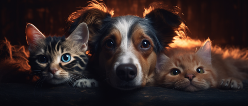 Cute kitten and dog peeking over and looking at camera