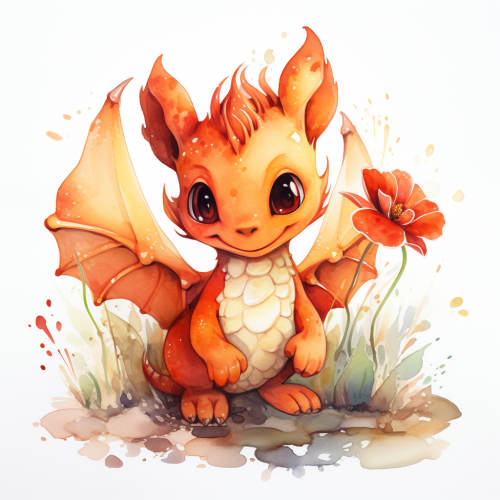 Cute red dragon surrounded by watercolor flowers