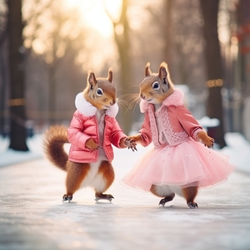 Two cute red squirrels ice dancing