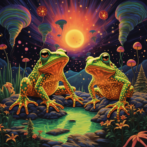 Cute toads dancing on psychedelic world