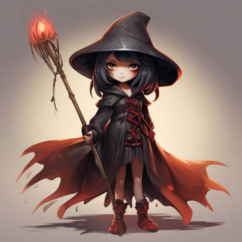 Cute witch with staff in traveling cloak