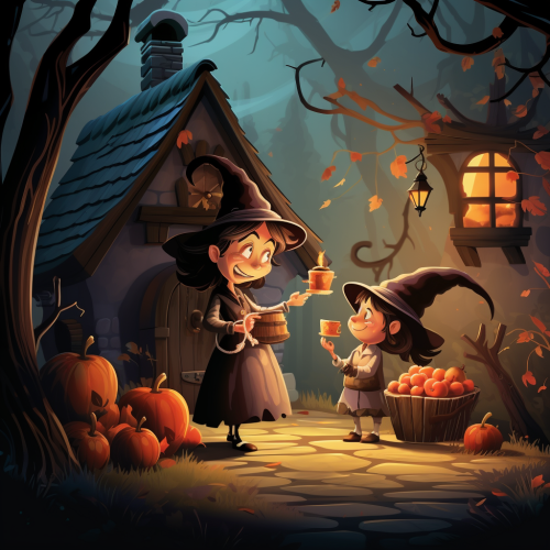 Chubby Cartoon Witch giving Halloween candy