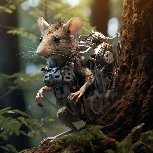 Cyber robot rat climbing tree stump