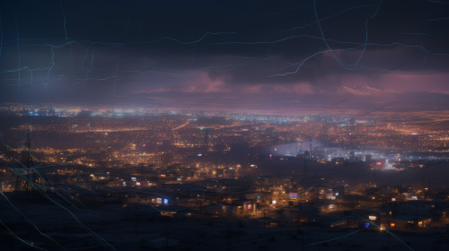 Surreal cyberpunk stock market in electric desert