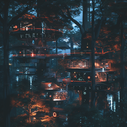 Cyberpunk Futuristic Anime Forest Night Treehouse