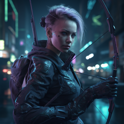 Cyberpunk female archer hunting in futuristic setting