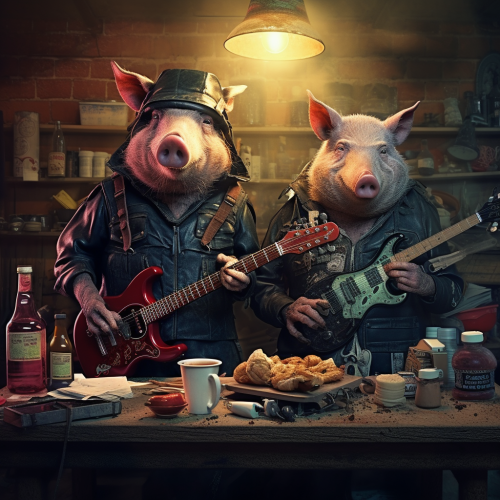Two giggling cyberpunk pigs rocking out with an electric guitar