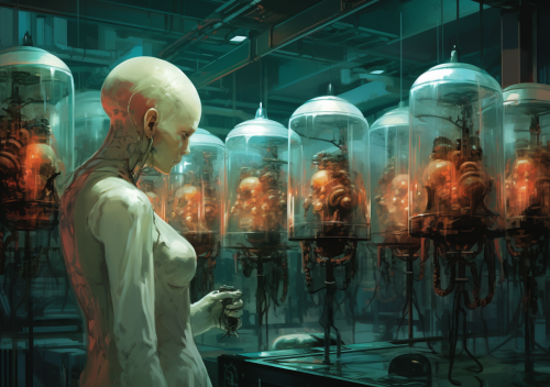 Cyberpunk laboratory human experiment with open skulls Cyberpunk laboratory human experiment with open skulls