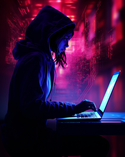 Neon cyberpunk laptop hologram of a female silhouette Neon cyberpunk laptop hologram of a female silhouette