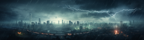 Panoramic view of cyberpunk megacity during thunderstorm Panoramic view of cyberpunk megacity during thunderstorm