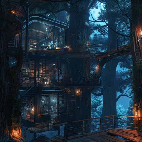 Cyberpunk treehouse in forest at night