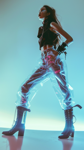 Woman in plastic cyberpunk outfit