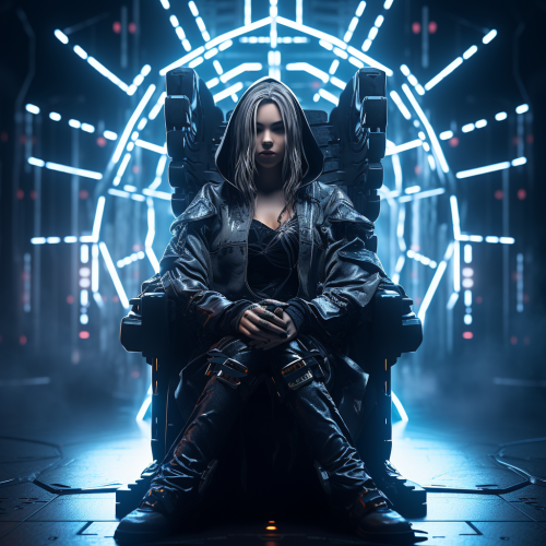 Cyberpunk bountyhunter on throne with neon lights Cyberpunk bountyhunter on throne with neon lights